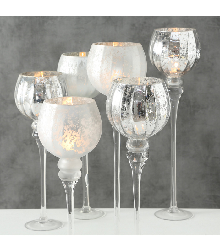 Windlight Manou, 3 p., 2 ass., Set 3, H 38-47 cm, Glass laquered, Silver  glass laquered silver