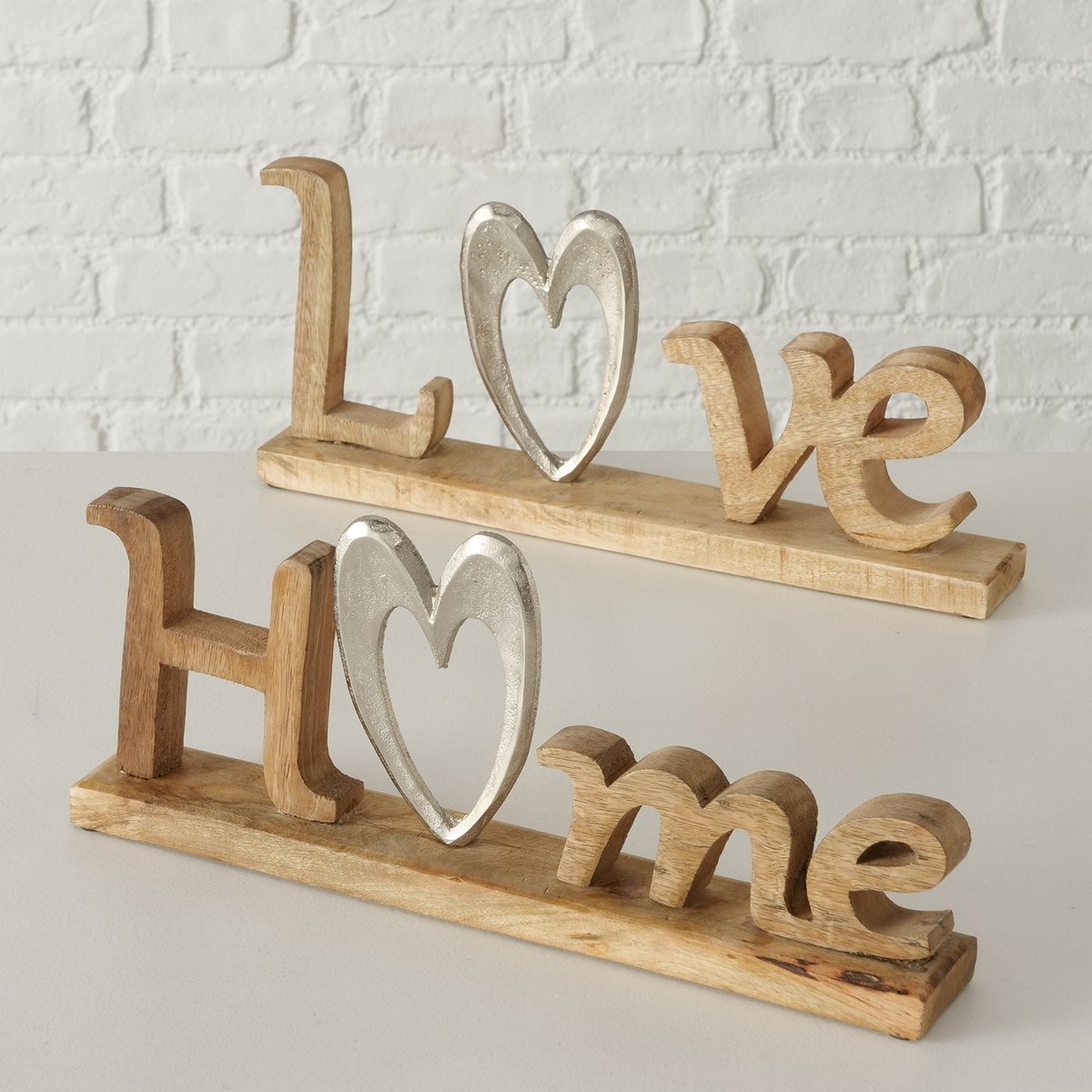 ΕΠΙΓΡΑΦΗ 2/ass LOVE/HOME ΜΕ ΚΑΡΔΙΑ ΑΛΟΥΜΙΝΙΟ ΑΣΗΜΙ ΒΑΣΗ ΞΥΛΟ ΦΥΣΙΚΟ Μάνγκο W6cm H18cm image